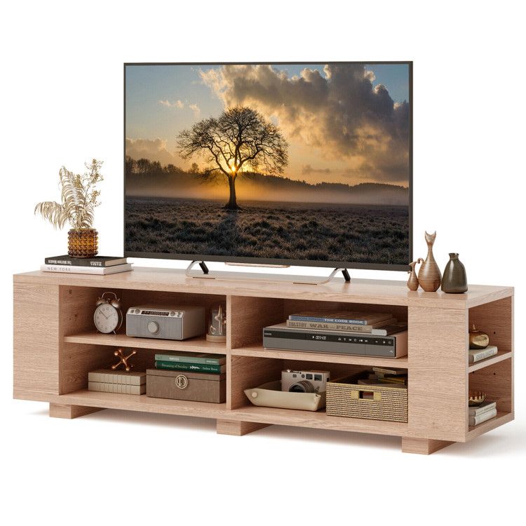 59- Wooden TV Stand with 8 Open Shelves and Adjustable Storage