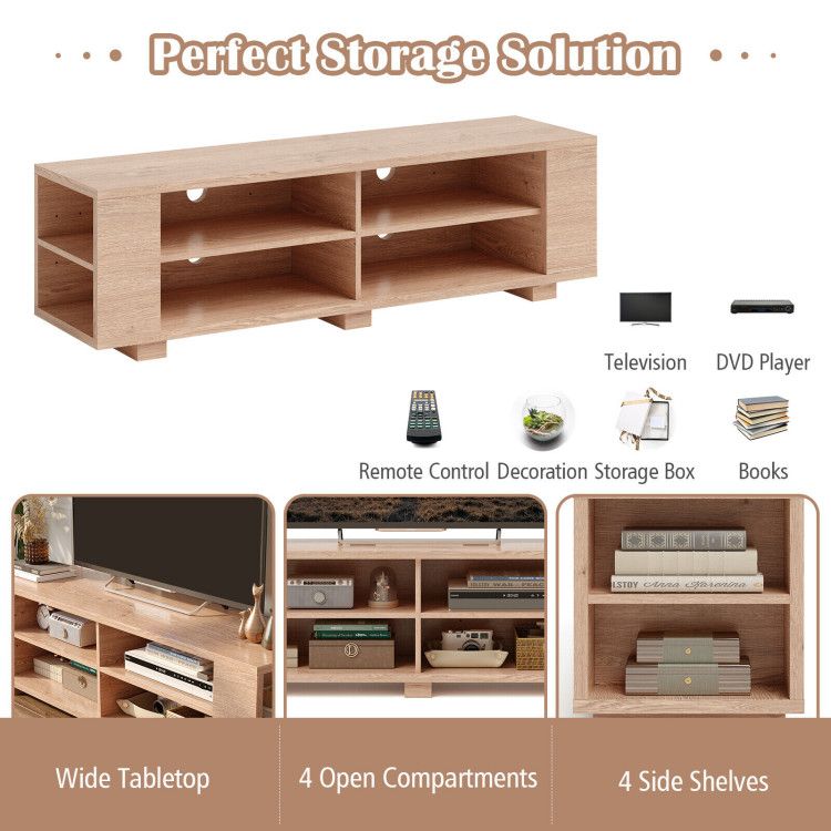 59- Wooden TV Stand with 8 Open Shelves and Adjustable Storage