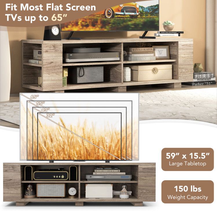 59- Wooden TV Stand with 8 Open Shelves and Adjustable Storage