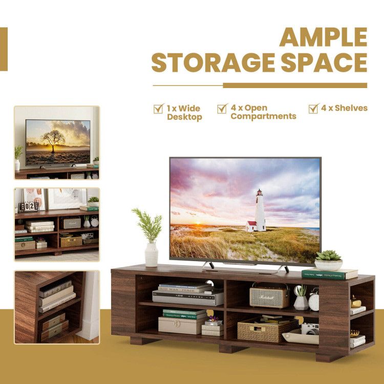 59- Wooden TV Stand with 8 Open Shelves and Adjustable Storage