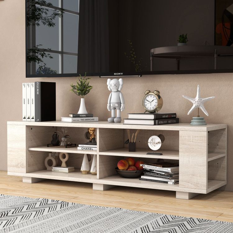59- Wooden TV Stand with 8 Open Shelves and Adjustable Storage