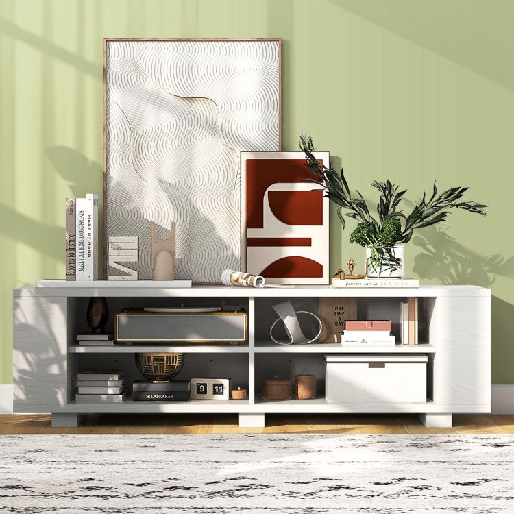 59- Wooden TV Stand with 8 Open Shelves and Adjustable Storage