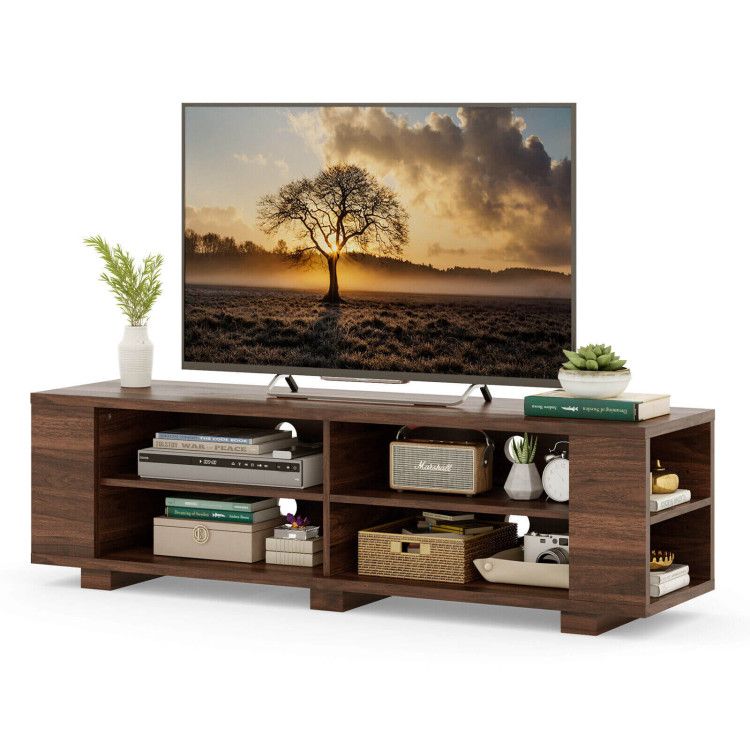 59- Wooden TV Stand with 8 Open Shelves and Adjustable Storage