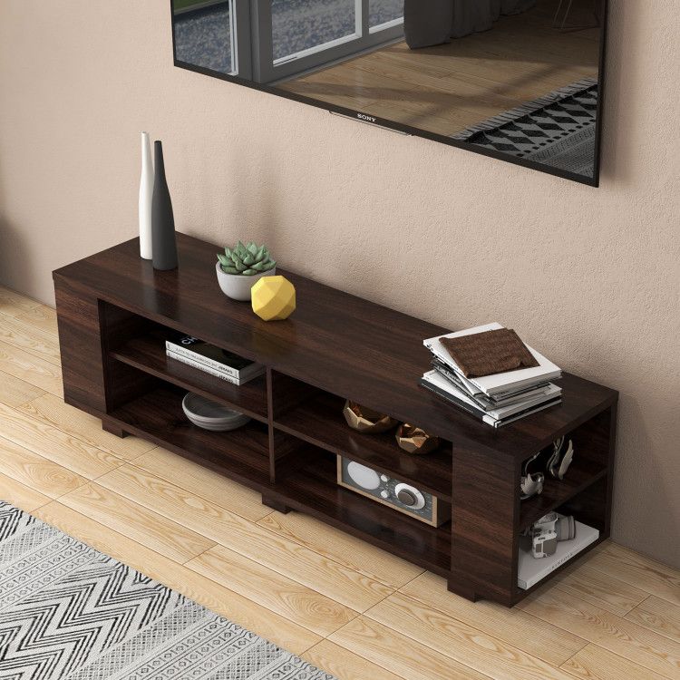 59- Wooden TV Stand with 8 Open Shelves and Adjustable Storage