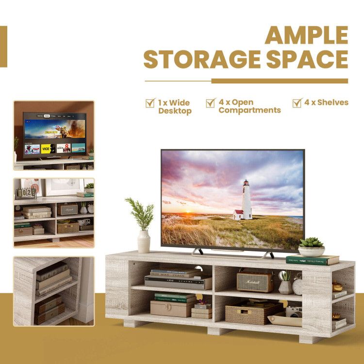 59- Wooden TV Stand with 8 Open Shelves and Adjustable Storage