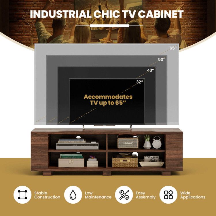 59- Wooden TV Stand with 8 Open Shelves and Adjustable Storage
