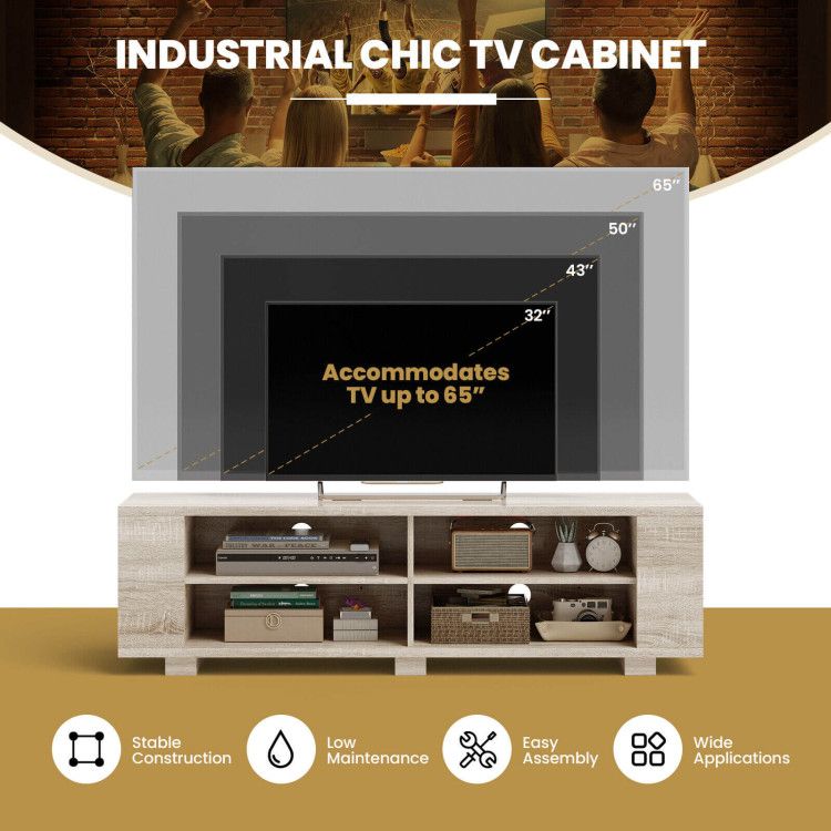 59- Wooden TV Stand with 8 Open Shelves and Adjustable Storage
