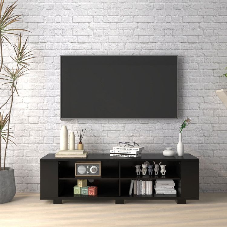 59- Wooden TV Stand with 8 Open Shelves and Adjustable Storage
