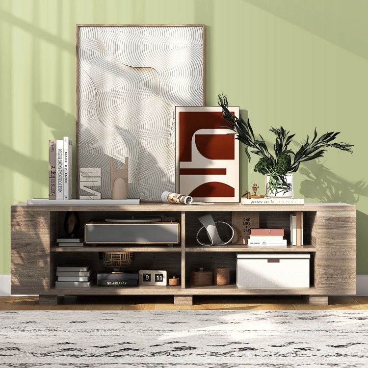 59- Wooden TV Stand with 8 Open Shelves and Adjustable Storage