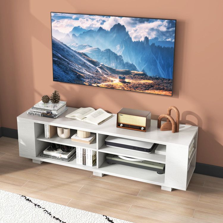 59- Wooden TV Stand with 8 Open Shelves and Adjustable Storage