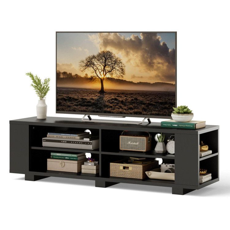 59- Wooden TV Stand with 8 Open Shelves and Adjustable Storage