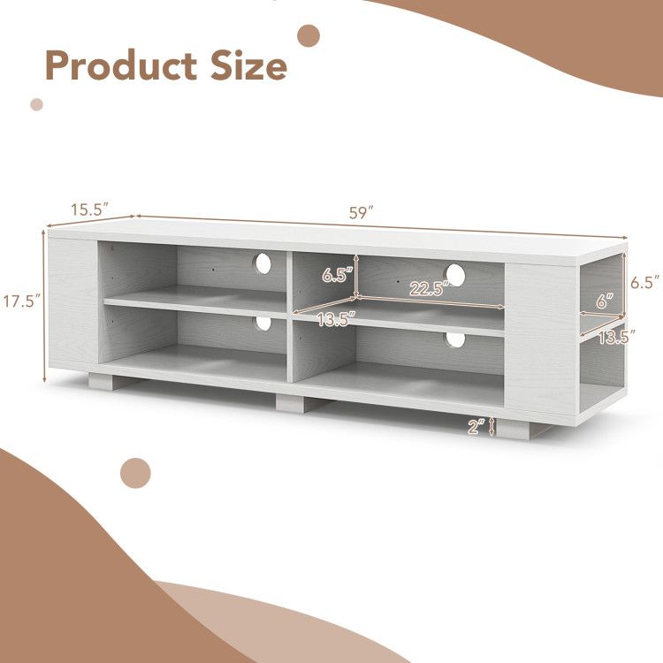 59- Wooden TV Stand with 8 Open Shelves and Adjustable Storage