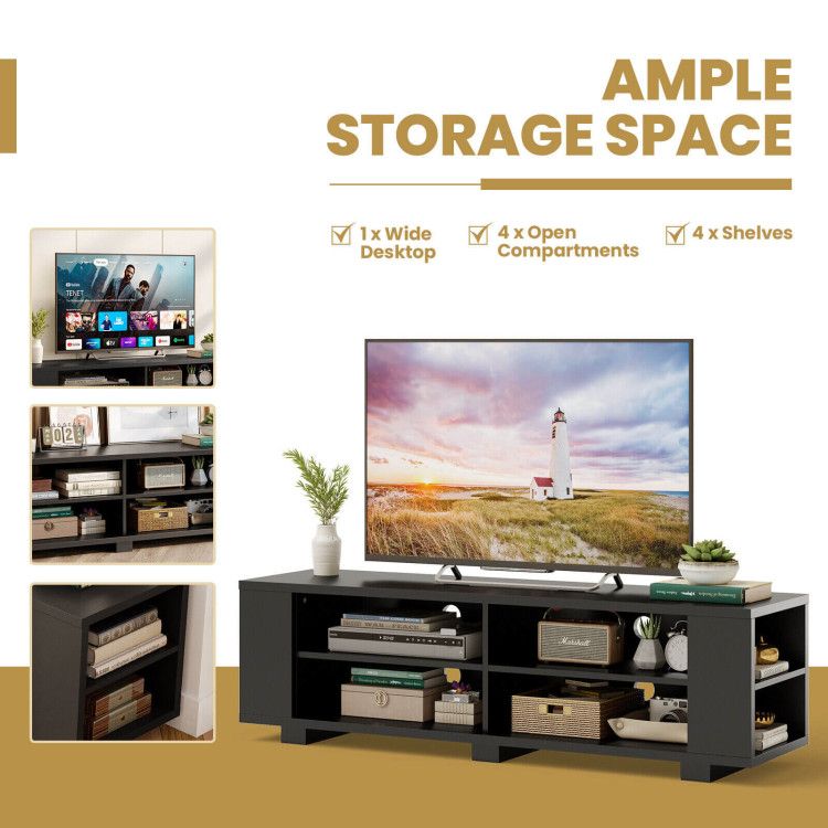 59- Wooden TV Stand with 8 Open Shelves and Adjustable Storage