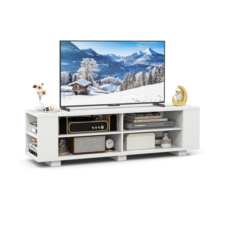 59- Wooden TV Stand with 8 Open Shelves and Adjustable Storage