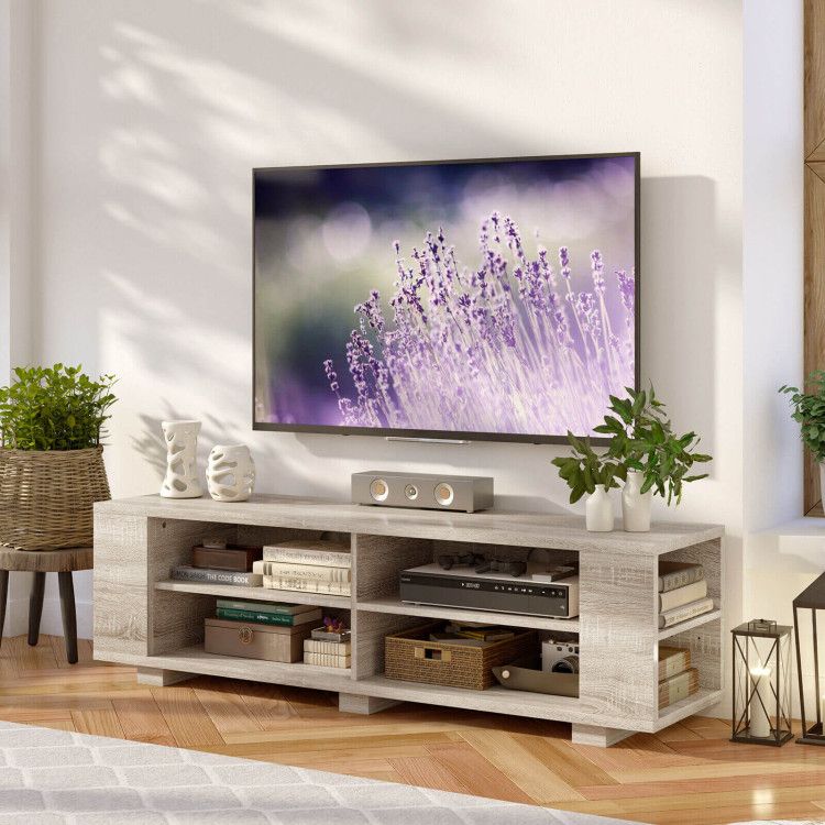 59- Wooden TV Stand with 8 Open Shelves and Adjustable Storage