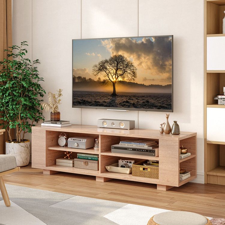 59- Wooden TV Stand with 8 Open Shelves and Adjustable Storage