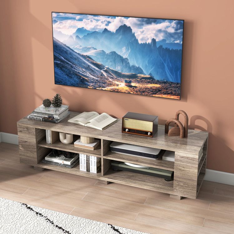 59- Wooden TV Stand with 8 Open Shelves and Adjustable Storage