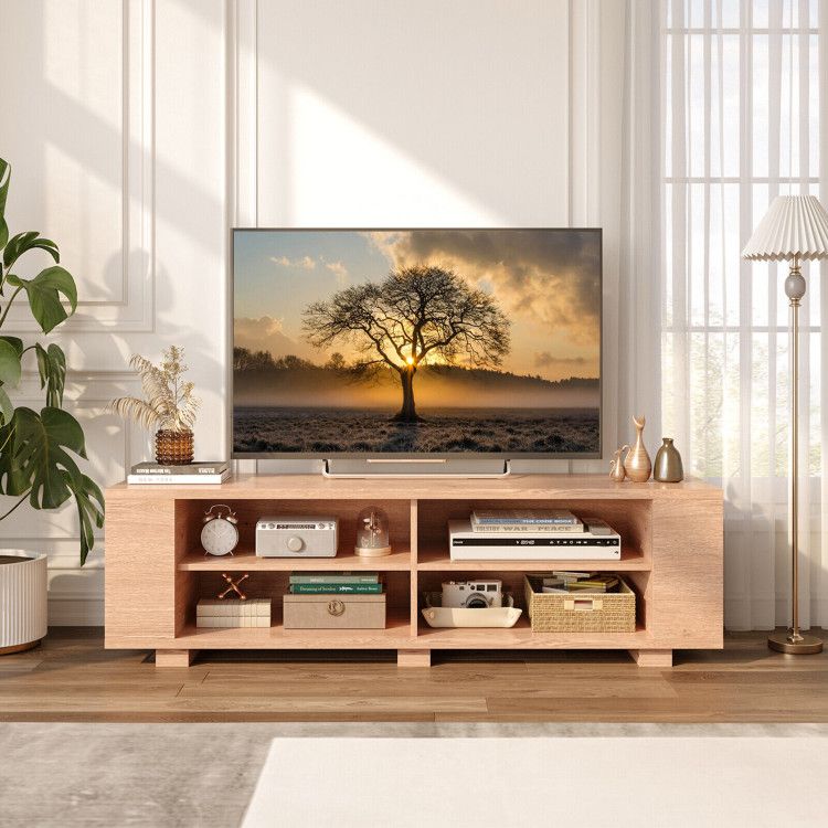 59- Wooden TV Stand with 8 Open Shelves and Adjustable Storage