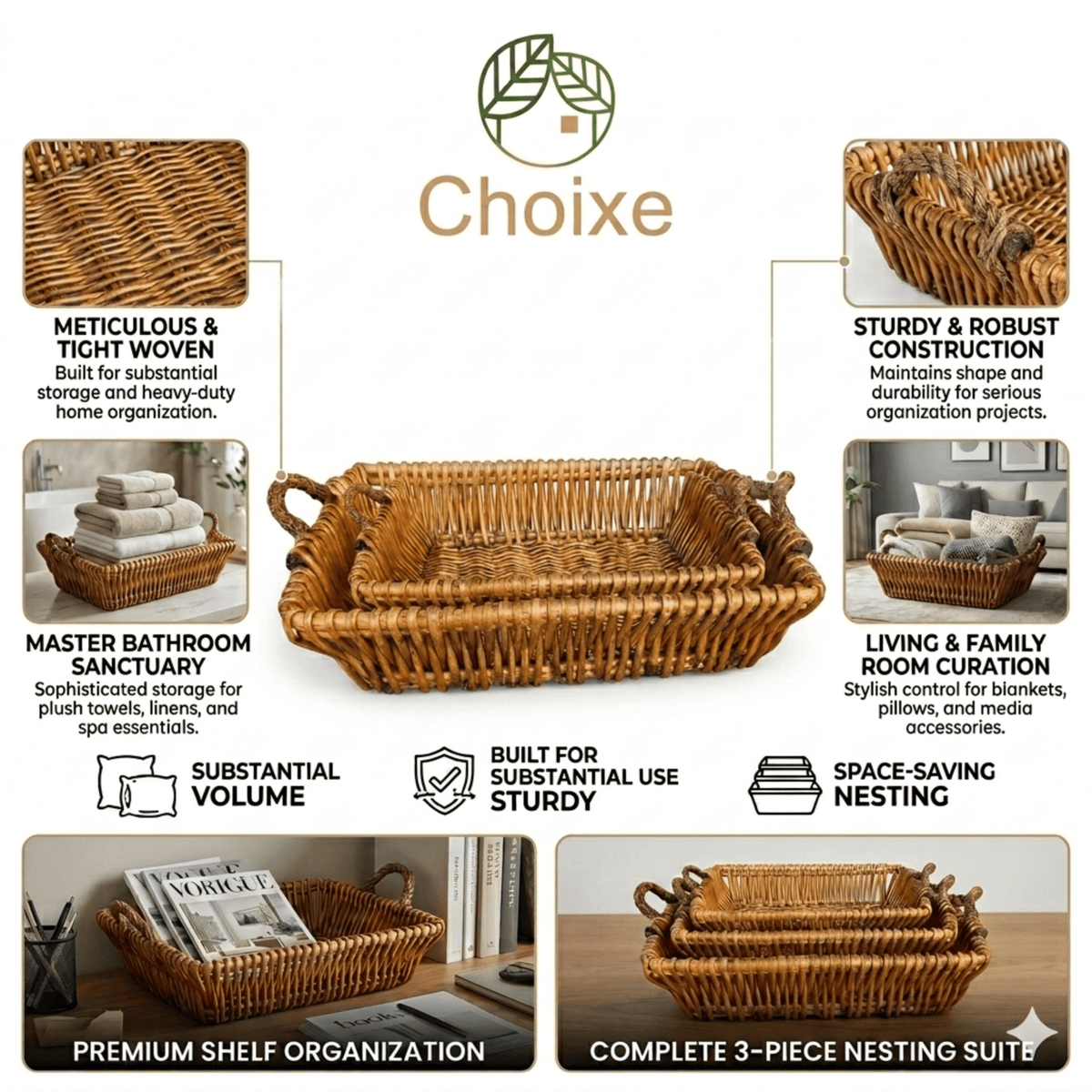 Natural Woven Nesting Baskets for Linens and Living Spaces