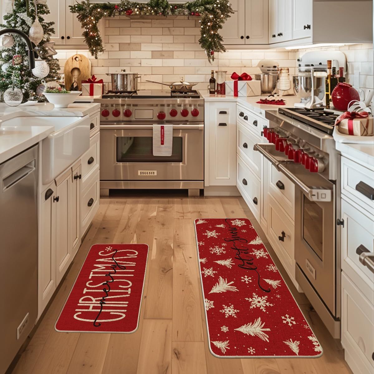 Festive Christmas Kitchen Mats Set of 2 Snowflake Decor