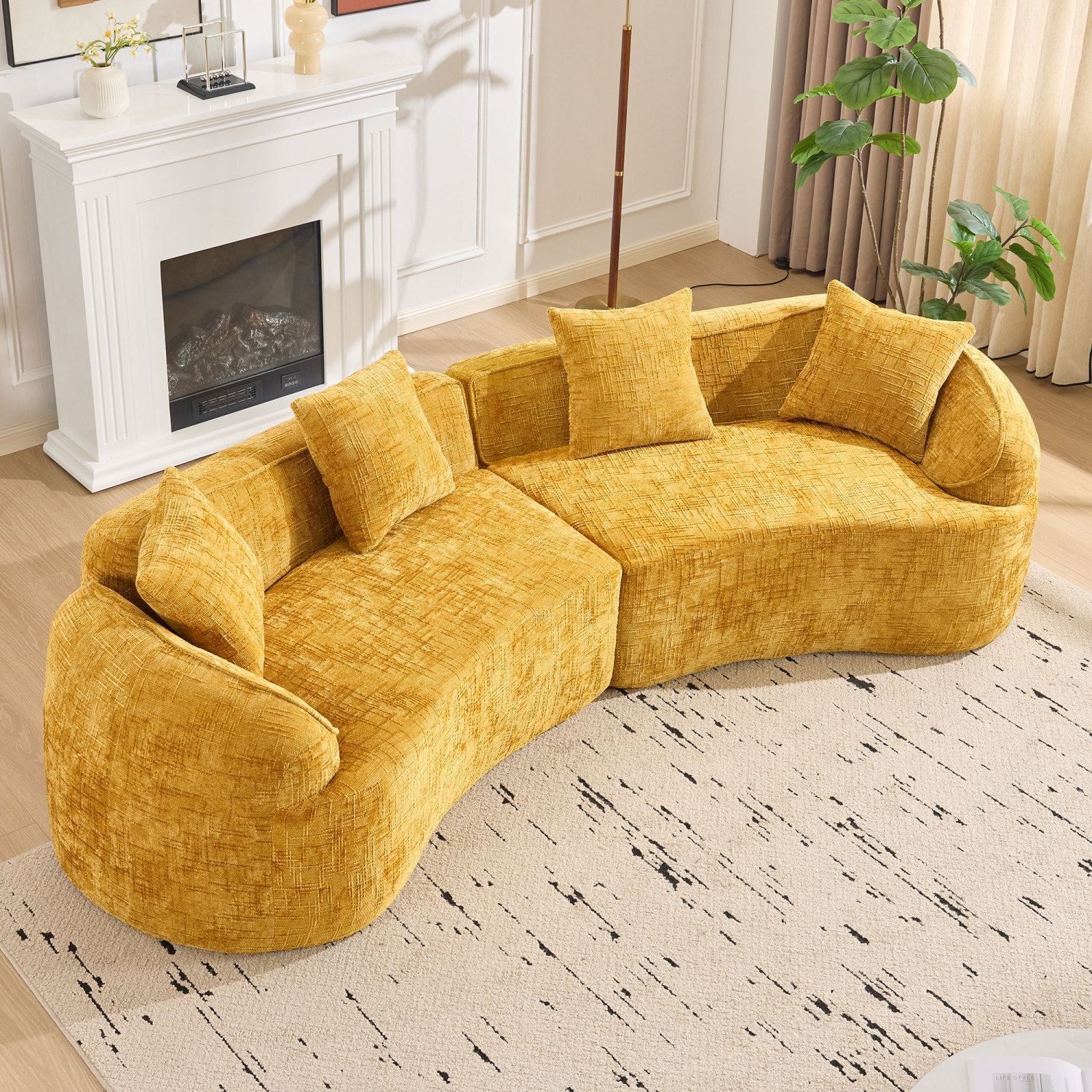 Nordic-Style Curved Sofa in Soft Yellow for Living Room