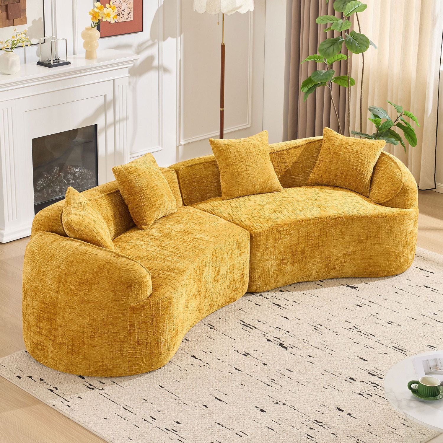 Nordic-Style Curved Sofa in Soft Yellow for Living Room