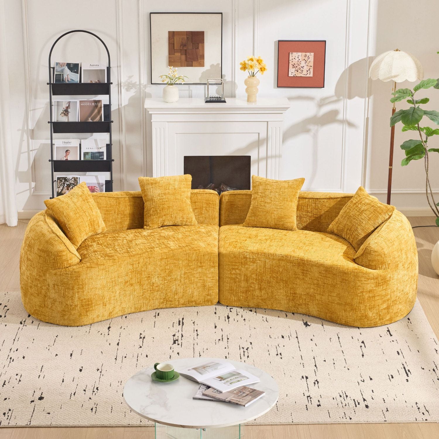 Nordic-Style Curved Sofa in Soft Yellow for Living Room
