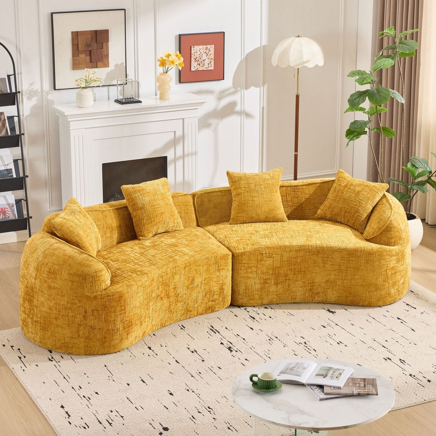 Nordic-Style Curved Sofa in Soft Yellow for Living Room