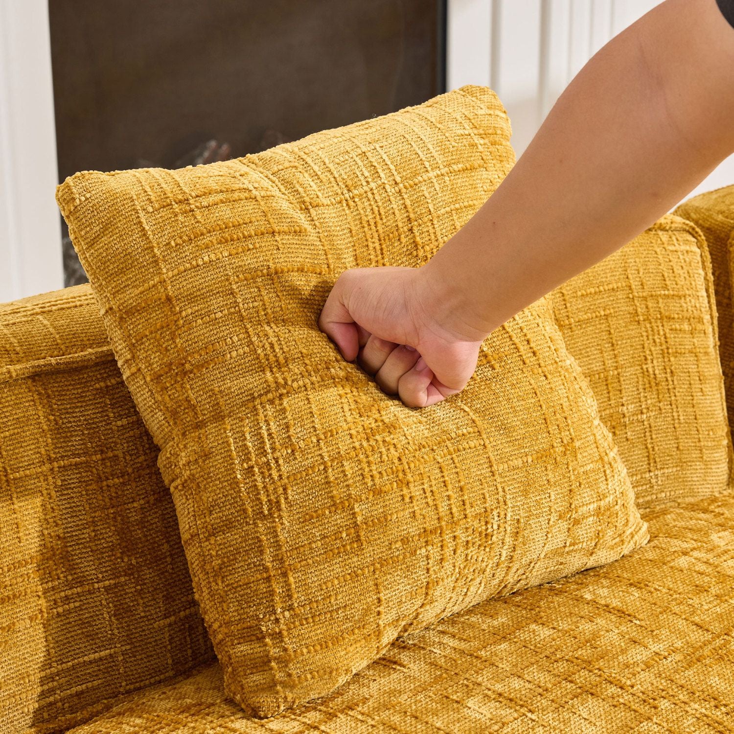 Nordic-Style Curved Sofa in Soft Yellow for Living Room