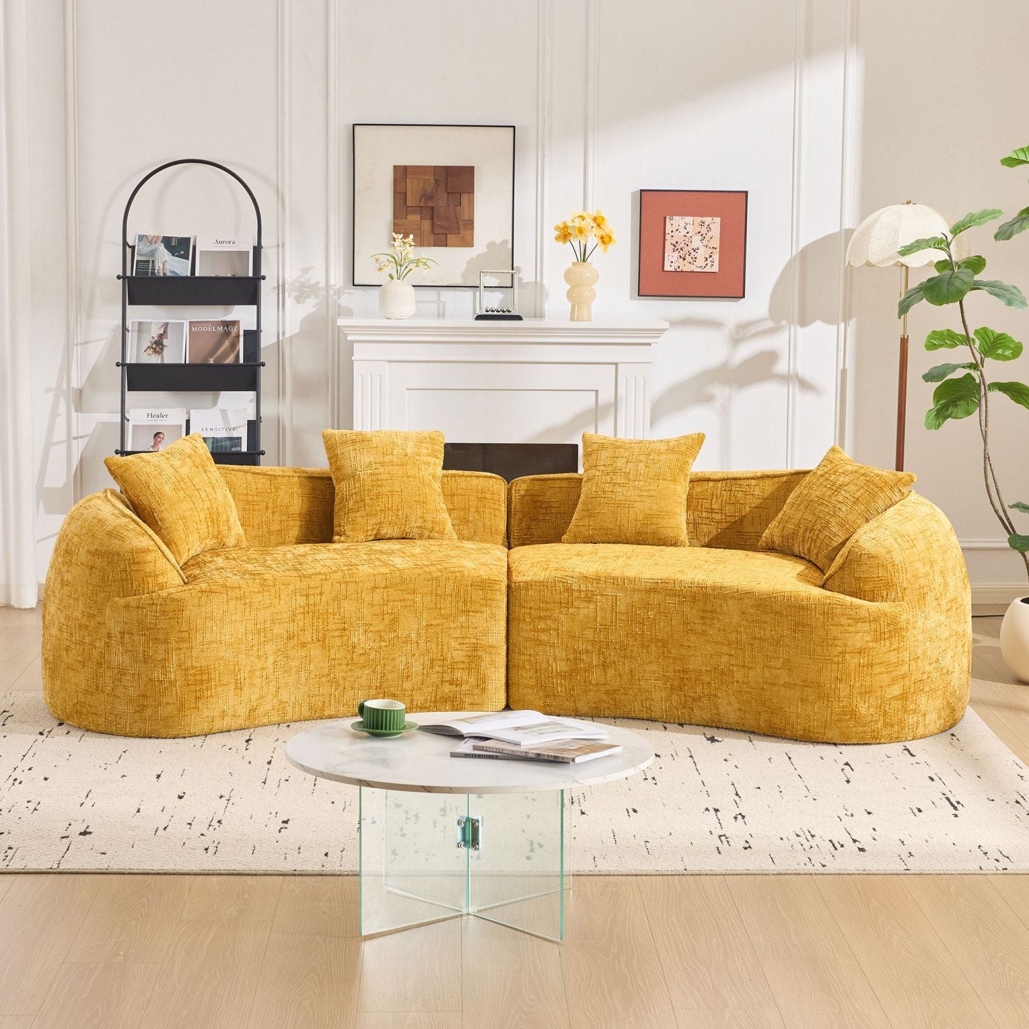 Nordic-Style Curved Sofa in Soft Yellow for Living Room