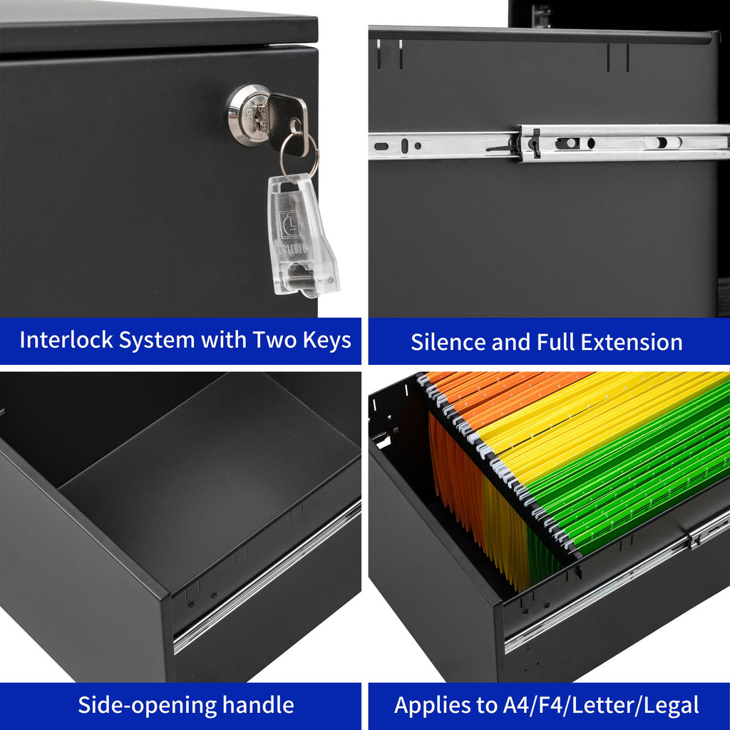 Rolling File Cabinet Organizer with Full-Extension Drawers for Home Office