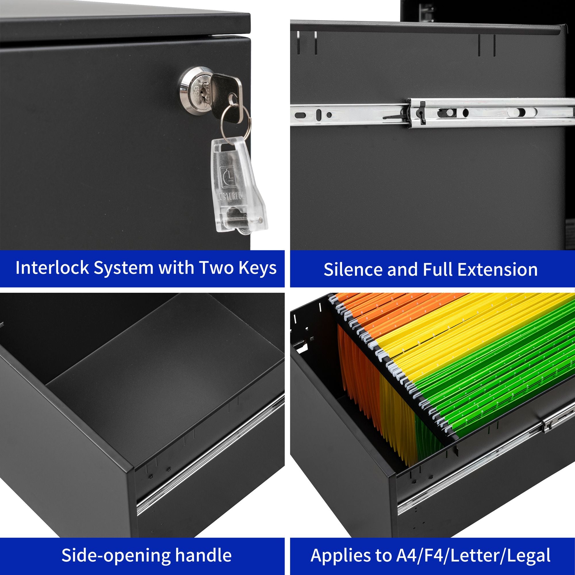 Rolling File Cabinet Organizer with Full-Extension Drawers for Home Office