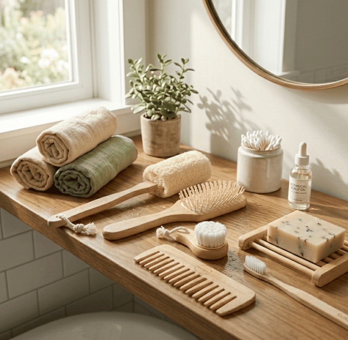 Zero-Waste everyday Bamboo Bathroom Accessories Bundle (7-Pack) - Includes Boar Bristle Bath Bru