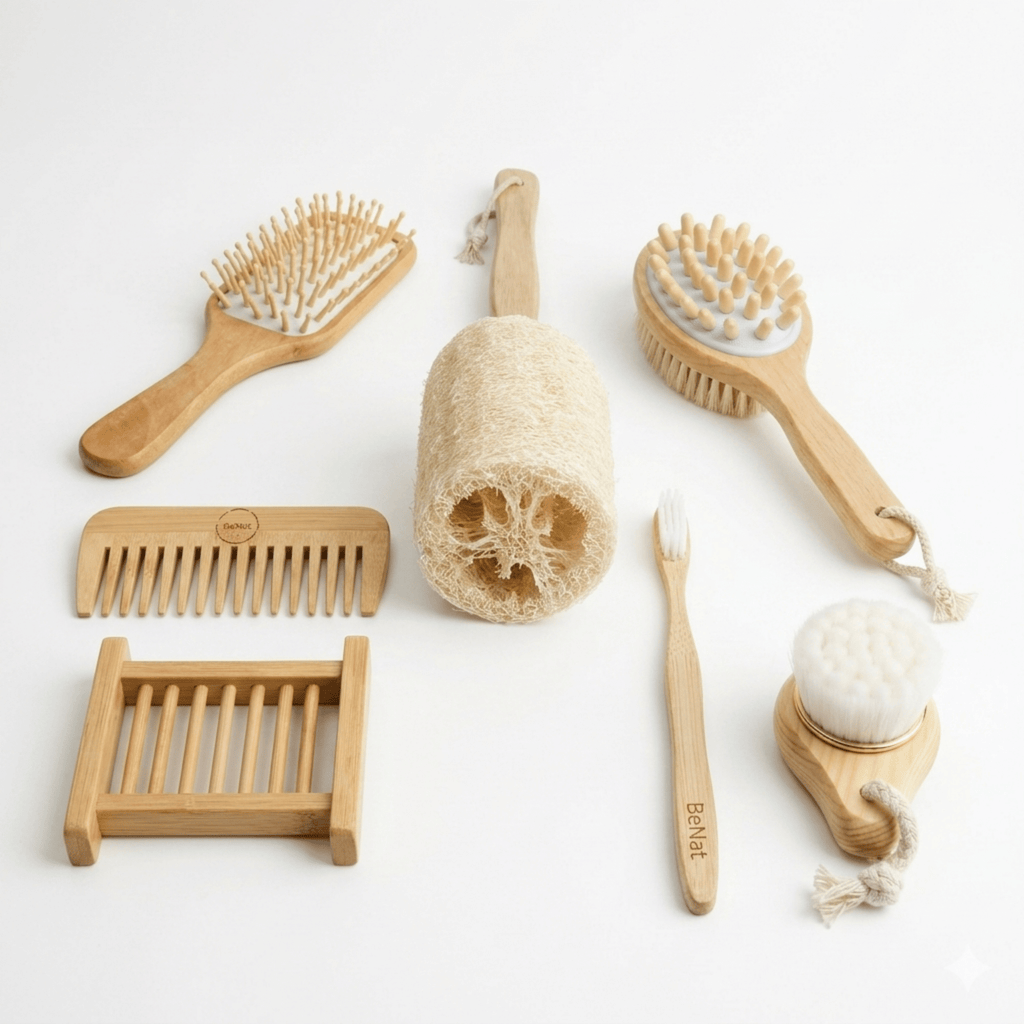 Zero-Waste everyday Bamboo Bathroom Accessories Bundle (7-Pack) - Includes Boar Bristle Bath Bru