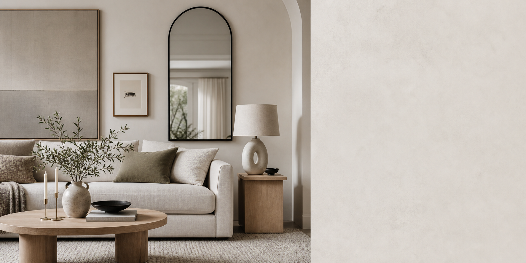 A calm living room layered with lighting, textiles, art, and a mirror