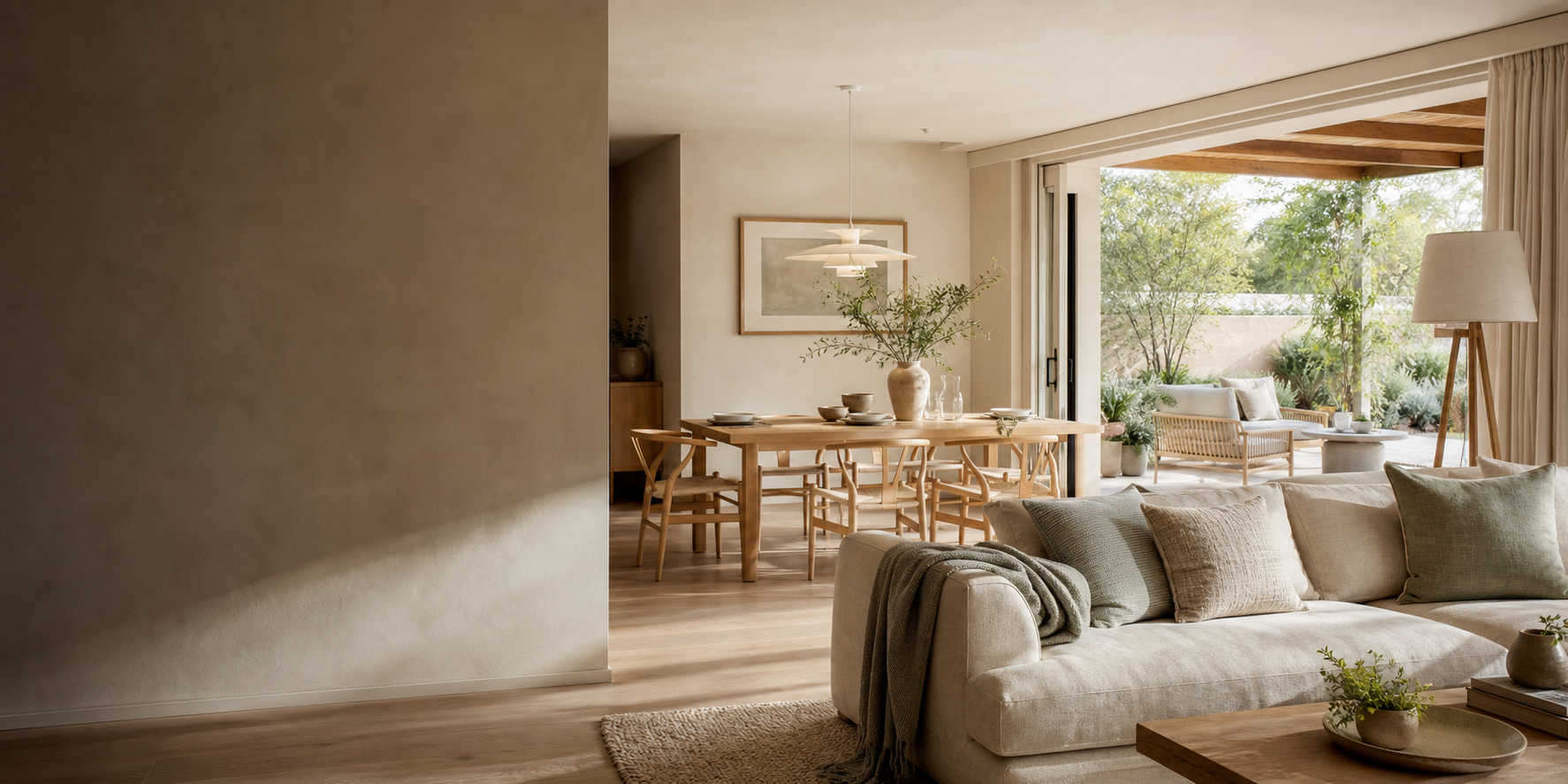 A warm living and dining space opening onto a garden patio