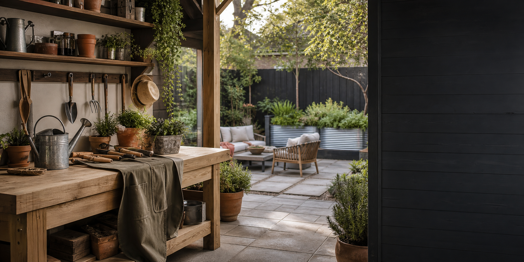 A garden workbench with hand tools opening onto a planted outdoor lounge