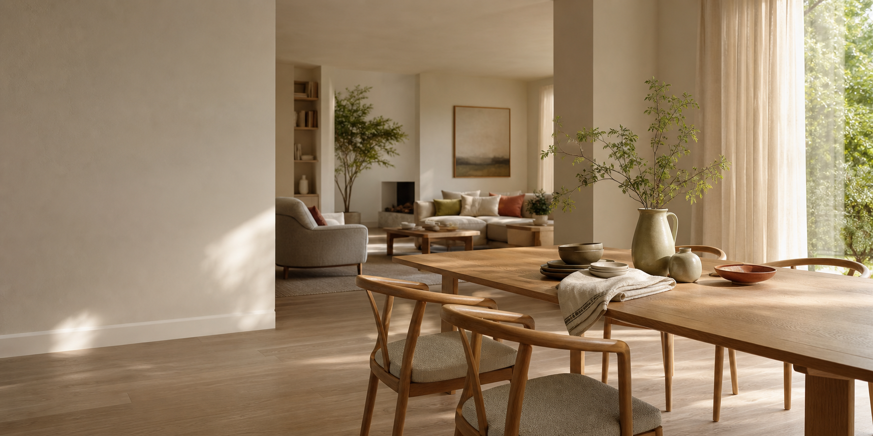 A sunlit dining and living room with pale oak furniture, ceramics and natural textiles