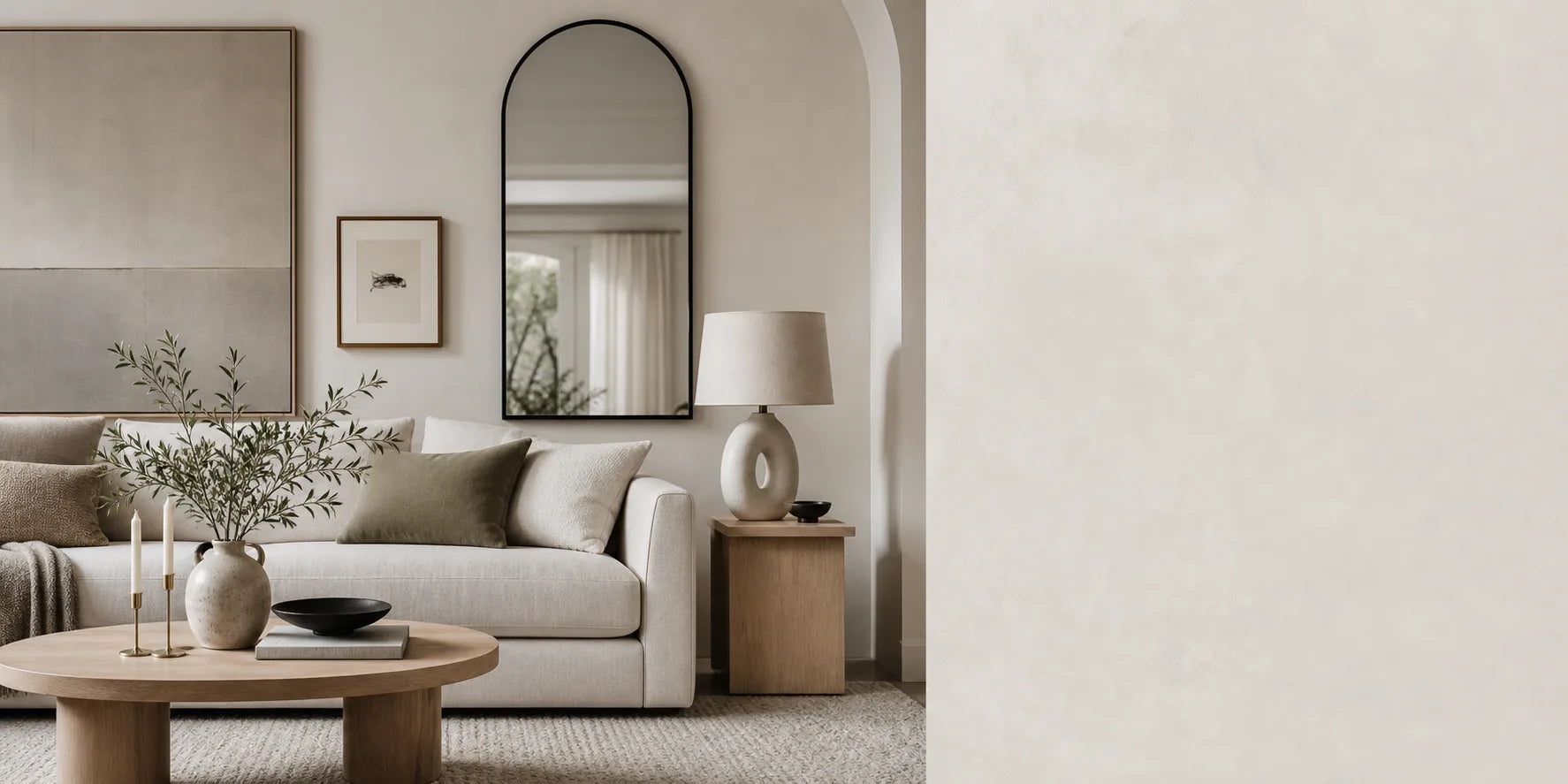 A calm living room layered with lighting, textiles, art, and a mirror